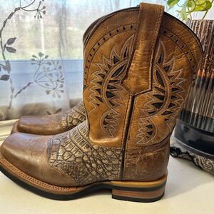 Texas Legacy Mens Brown Western Leather Cowboy Boots Crocodile Print Square Toe